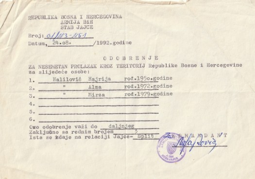 Potvrda ARBiH o izlasku familije